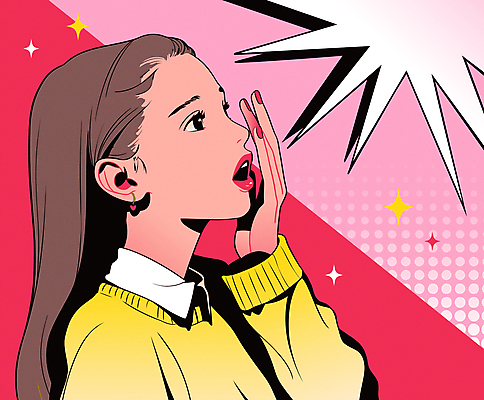 여자 분홍색 말풍선 일러스트 한명 상반신 성인 쇼핑 손들기 귀걸이 놀람 만화 팝아트 카툰스타일 성인여자한명만 뉴트로 국내일러스트 AI파일 1 감정 컬러 장신구 모션 표정 사람 그림 복고 여자한명만 성인여자만 파일형식 벡터