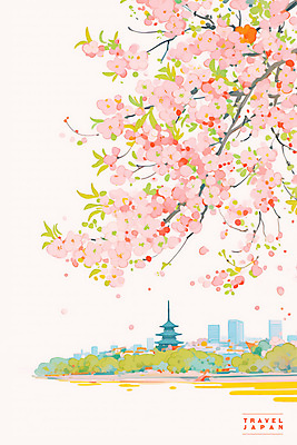 PSD 꽃잎 분홍색 여행 고건축 일러스트 빌딩 사람없음 봄풍경 나뭇가지 도시 벚나무 일본여행 감성 목탑 국내일러스트 나무 건축물 꽃 컬러 해외여행 컨셉 풍경 건물 탑 일본 봄 벚꽃 파일형식