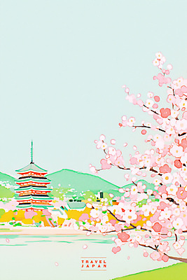 PSD 분홍색 여행 고건축 일러스트 산 사람없음 강 봄풍경 나뭇가지 벚나무 일본여행 감성 목탑 국내일러스트 나무 건축물 컬러 해외여행 컨셉 풍경 탑 일본 봄 벚꽃 파일형식