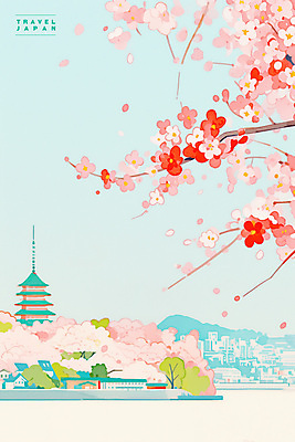 PSD 분홍색 여행 고건축 일러스트 빌딩 사람없음 봄풍경 나뭇가지 도시 벚나무 일본여행 감성 목탑 국내일러스트 나무 건축물 컬러 해외여행 컨셉 풍경 건물 탑 일본 봄 벚꽃 파일형식