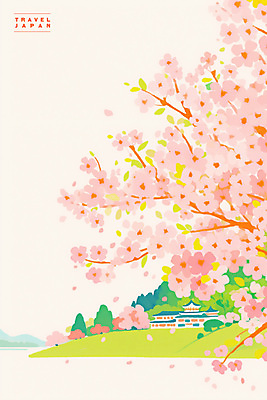 PSD 분홍색 여행 고건축 일러스트 산 사람없음 봄풍경 나뭇가지 벚나무 일본여행 감성 국내일러스트 나무 건축물 컬러 해외여행 컨셉 풍경 일본 봄 벚꽃 파일형식