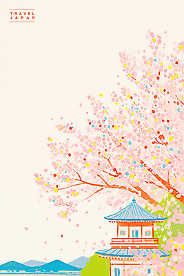 PSD 분홍색 여행 고건축 일러스트 산 사람없음 봄풍경 나뭇가지 벚나무 일본여행 감성 국내일러스트 나무 건축물 컬러 해외여행 컨셉 풍경 일본 봄 벚꽃 파일형식