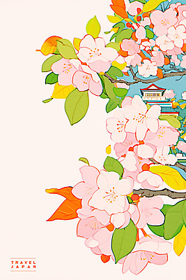 PSD 분홍색 여행 고건축 잎 일러스트 사람없음 봄풍경 나뭇가지 벚나무 일본여행 감성 카피스페이스 국내일러스트 나무 식물 건축물 컬러 해외여행 컨셉 풍경 일본 봄 공백 벚꽃 파일형식