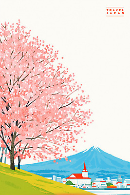 PSD 분홍색 여행 일러스트 사람없음 봄풍경 도시 벚나무 일본여행 감성 후지산 국내일러스트 나무 컬러 해외여행 컨셉 산 풍경 일본 봄 세계문화유산 벚꽃 파일형식
