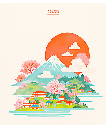 PSD 구름 분홍색 여행 고건축 일러스트 사람없음 태양 봄풍경 벚나무 일본여행 감성 후지산 국내일러스트 자연요소 나무 건축물 컬러 해외여행 컨셉 산 풍경 일본 봄 세계문화유산 벚꽃 파일형식