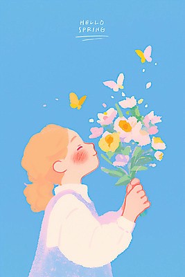 PSD 여자 어린이 꽃다발 하늘색 나비 일러스트 한명 미소 들기 소녀 상반신 감성 소녀한명만 국내일러스트 1 꽃 곤충 컨셉 모션 표정 사람 파란색 여자한명만 소녀만 파일형식