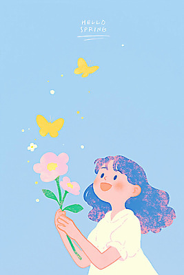 PSD 여자 꽃 어린이 하늘색 나비 일러스트 한명 미소 들기 소녀 상반신 감성 소녀한명만 국내일러스트 식물 1 곤충 컨셉 모션 표정 사람 파란색 여자한명만 소녀만 파일형식