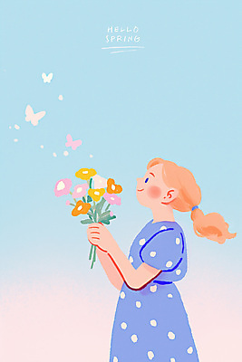 PSD 여자 어린이 꽃다발 하늘색 나비 일러스트 한명 미소 들기 소녀 상반신 감성 소녀한명만 국내일러스트 1 꽃 곤충 컨셉 모션 표정 사람 파란색 여자한명만 소녀만 파일형식