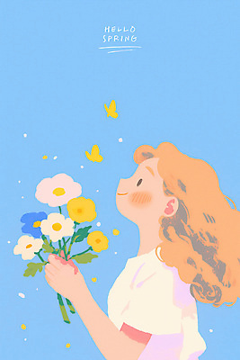 PSD 여자 어린이 꽃다발 하늘색 나비 일러스트 한명 미소 들기 소녀 상반신 감성 소녀한명만 국내일러스트 1 꽃 곤충 컨셉 모션 표정 사람 파란색 여자한명만 소녀만 파일형식