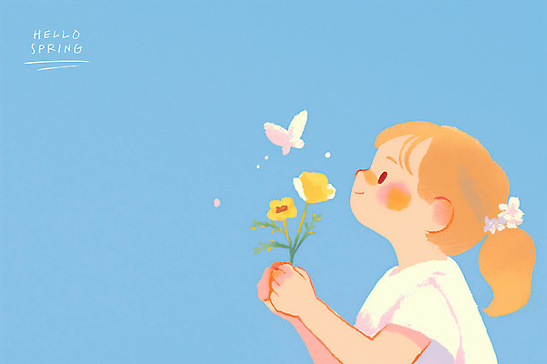 PSD 여자 꽃 어린이 하늘색 나비 일러스트 한명 미소 들기 소녀 상반신 감성 소녀한명만 국내일러스트 식물 1 곤충 컨셉 모션 표정 사람 파란색 여자한명만 소녀만 파일형식