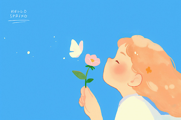 PSD 여자 꽃 어린이 하늘색 나비 일러스트 한명 미소 들기 소녀 상반신 감성 소녀한명만 국내일러스트 식물 1 곤충 컨셉 모션 표정 사람 파란색 여자한명만 소녀만 파일형식