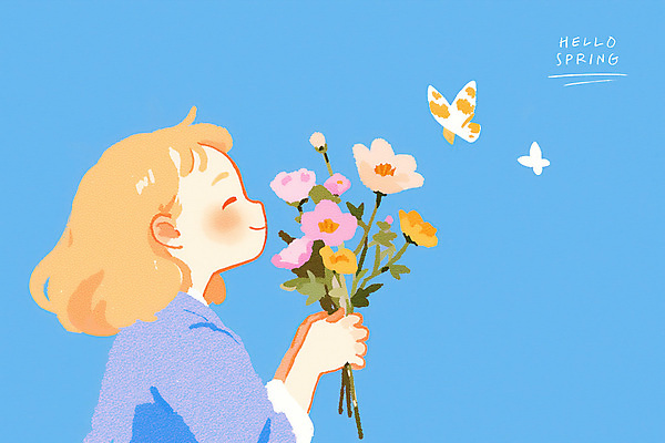 PSD 여자 어린이 꽃다발 하늘색 나비 일러스트 한명 미소 들기 소녀 상반신 감성 소녀한명만 국내일러스트 1 꽃 곤충 컨셉 모션 표정 사람 파란색 여자한명만 소녀만 파일형식