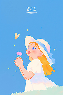 PSD 모자 여자 꽃 어린이 하늘색 나비 일러스트 한명 미소 들기 소녀 잔디 상반신 감성 소녀한명만 국내일러스트 식물 1 잡화 곤충 컨셉 모션 표정 사람 파란색 여자한명만 소녀만 파일형식