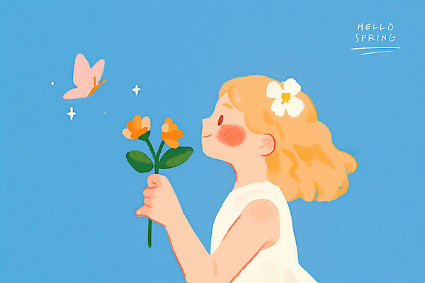 PSD 여자 꽃 어린이 하늘색 나비 일러스트 한명 미소 들기 소녀 상반신 감성 소녀한명만 국내일러스트 식물 1 곤충 컨셉 모션 표정 사람 파란색 여자한명만 소녀만 파일형식