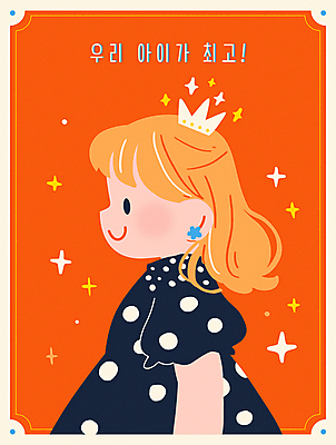 여자 어린이 일러스트 왕관 한명 미소 소녀 상반신 반짝임 물방울무늬 주황색 최고 자신감 자랑 소녀한명만 알파세대 국내일러스트 AI파일 1 감정 컬러 무늬 모션 표정 사람 세대 여자한명만 소녀만 파일형식 벡터