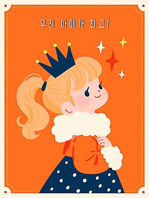 여자 어린이 일러스트 왕관 한명 미소 소녀 상반신 반짝임 손들기 물방울무늬 주황색 최고 자신감 자랑 소녀한명만 알파세대 국내일러스트 AI파일 1 감정 컬러 무늬 모션 표정 사람 세대 여자한명만 소녀만 파일형식 벡터