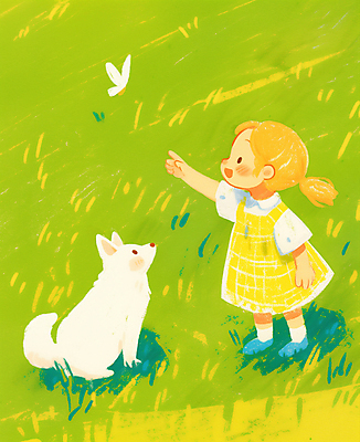 JPG 전신 동물 캐릭터 여자 어린이 나비 일러스트 동화 한명 미소 소녀 잔디 초원 연두색 손들기 평화 봄 산책 가리킴 리트리버 강아지 감성 소녀한명만 국내일러스트 일러캐릭터 AI일러스트 AI콘텐츠 식물 1 계절 곤충 컨셉 모션 휴식 표정 사람 손짓 초록색 반려동물 개 여자한명만 소녀만 파일형식