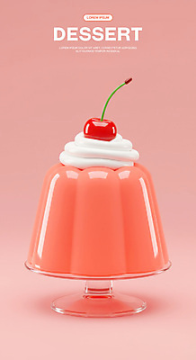 PSD 편집이미지 분홍색 사람없음 3D 체리 생크림 유리그릇 젤리 푸딩 유리접시 편집3D 그릇 접시 컬러 과일 유리 디저트 크림 디지털합성 파일형식