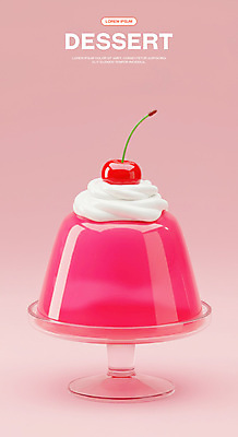 PSD 편집이미지 사람없음 빨간색 3D 체리 생크림 유리그릇 젤리 푸딩 편집3D 그릇 컬러 과일 유리 디저트 크림 디지털합성 파일형식