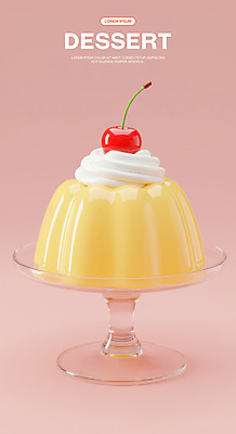 PSD 편집이미지 사람없음 노란색 3D 체리 생크림 유리그릇 젤리 푸딩 편집3D 그릇 컬러 과일 유리 디저트 크림 디지털합성 파일형식