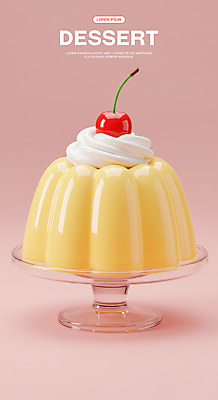 PSD 편집이미지 사람없음 노란색 3D 체리 생크림 유리그릇 젤리 푸딩 편집3D 그릇 컬러 과일 유리 디저트 크림 디지털합성 파일형식