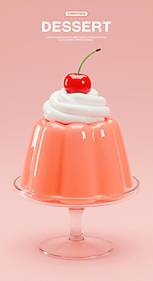 PSD 편집이미지 분홍색 사람없음 3D 체리 생크림 유리그릇 젤리 푸딩 편집3D 그릇 컬러 과일 유리 디저트 크림 디지털합성 파일형식