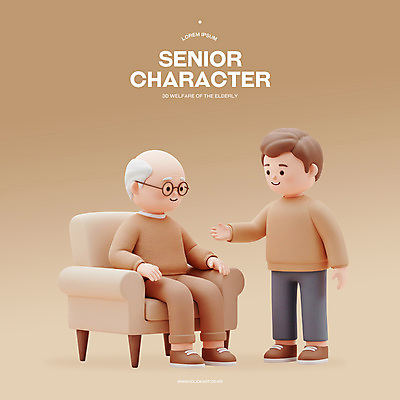 전신 PSD 편집이미지 할아버지 노년 남자 아들 3D캐릭터 미소 앉기 성인 두명 소파 갈색 3D 실버 손내밀기 노인복지 고령화 남자만 안경낌 편집3D 캐릭터 안경 컬러 의자 가족 모션 표정 사람 손짓 사회이슈 복지 디지털합성 파일형식