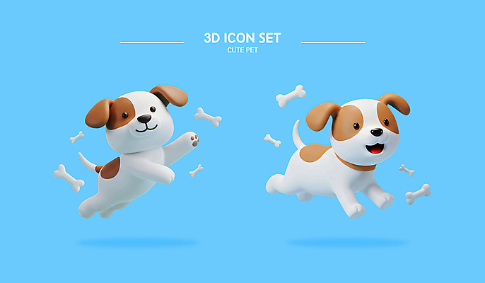PSD 편집이미지 하늘색 웃음 사람없음 세트 3D 귀여움 점프 강아지 개뼈다귀 엘리먼트 편집3D 컨셉 모션 표정 파란색 반려동물 개 디지털합성 애견간식 파일형식