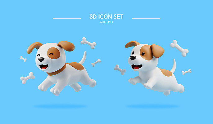 PSD 편집이미지 하늘색 웃음 사람없음 세트 3D 귀여움 점프 강아지 개뼈다귀 엘리먼트 편집3D 컨셉 모션 표정 파란색 반려동물 개 디지털합성 애견간식 파일형식