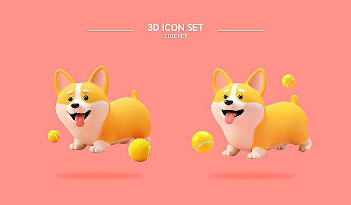 PSD 편집이미지 분홍색 웃음 사람없음 세트 3D 귀여움 강아지 테니스공 엘리먼트 편집3D 컬러 컨셉 공 표정 반려동물 테니스용품 개 디지털합성 파일형식