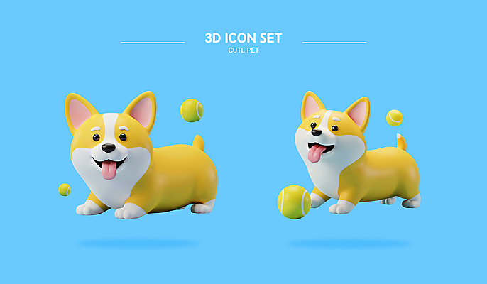 PSD 편집이미지 하늘색 웃음 사람없음 세트 3D 귀여움 강아지 테니스공 엘리먼트 편집3D 컨셉 공 표정 파란색 반려동물 테니스용품 개 디지털합성 파일형식