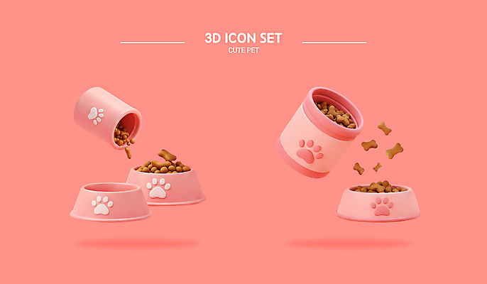 PSD 편집이미지 분홍색 사람없음 세트 3D 귀여움 개발자국 개밥그릇 개사료 엘리먼트 편집3D 그릇 컬러 컨셉 먹이 발자국 디지털합성 애견용품 파일형식