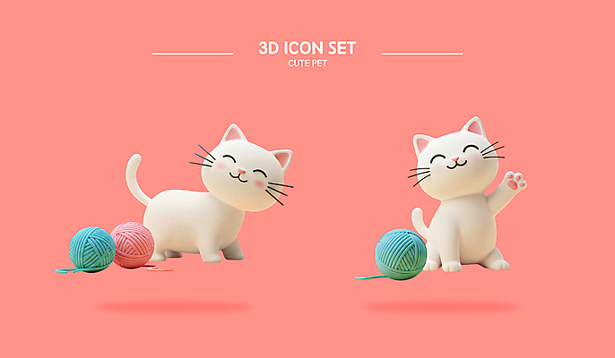 PSD 편집이미지 분홍색 하늘색 웃음 사람없음 세트 3D 귀여움 고양이 털실 엘리먼트 편집3D 컬러 컨셉 포유류 표정 파란색 반려동물 실 디지털합성 파일형식