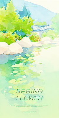 PSD 식물 고건축 일러스트 자연 수채화 산 연꽃 사람없음 초록색 반사 평화 봄풍경 돌_바위 연못 수면 연잎 국내일러스트 건축물 꽃 컬러 컨셉 잎 풍경 물 봄 생태계 파일형식