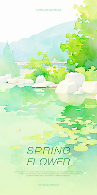 PSD 식물 일러스트 자연 수채화 연꽃 사람없음 초록색 반사 평화 봄풍경 돌_바위 연못 수면 연잎 국내일러스트 꽃 컬러 컨셉 잎 풍경 물 봄 생태계 파일형식