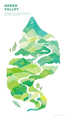 PSD 나무 구름 일러스트 나뭇잎 산 사람없음 초록색 강 환경 골짜기 계곡 초승달 국내일러스트 자연요소 식물 컬러 잎 자연 달 파일형식