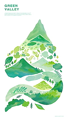 PSD 나무 일러스트 나뭇잎 산 사람없음 초록색 환경 골짜기 국내일러스트 식물 컬러 잎 자연 파일형식