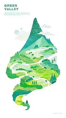 PSD 나무 구름 일러스트 산 사람없음 초록색 강 환경 골짜기 국내일러스트 자연요소 식물 컬러 자연 파일형식