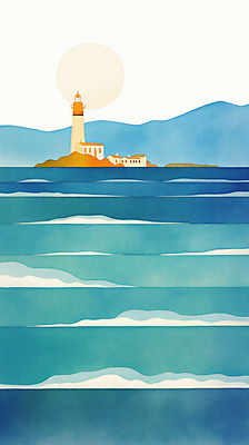 JPG 파도 바다 일러스트 하늘 산 주택 등대 사람없음 파란색 태양 고요 국내일러스트 AI일러스트 AI콘텐츠 자연요소 컬러 건물 파일형식