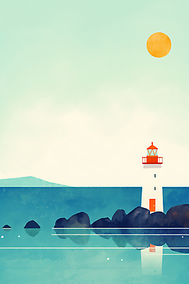 JPG 바다 일러스트 하늘 산 등대 사람없음 파란색 태양 반사 고요 바위 국내일러스트 AI일러스트 AI콘텐츠 자연요소 컬러 돌_바위 파일형식