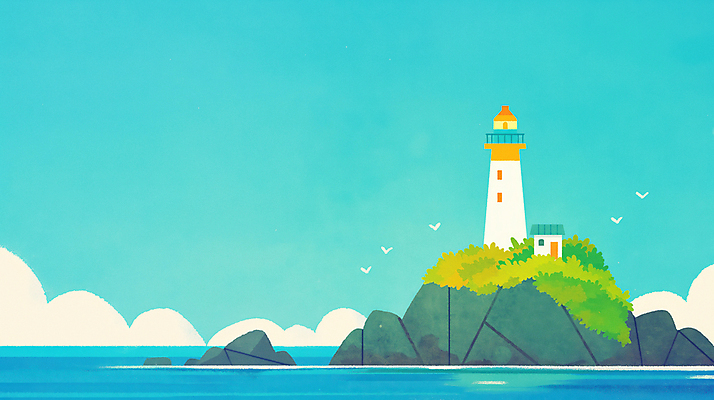 JPG 구름 바다 일러스트 조류 하늘 주택 등대 사람없음 파란색 고요 풀 바위섬 국내일러스트 AI일러스트 AI콘텐츠 자연요소 식물 동물 컬러 섬 건물 파일형식