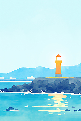 JPG 바다 일러스트 하늘 산 등대 사람없음 파란색 고요 바위 국내일러스트 AI일러스트 AI콘텐츠 컬러 돌_바위 파일형식
