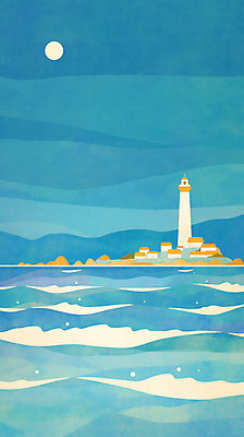 JPG 파도 일러스트 밤하늘 산 주택 등대 사람없음 파란색 마을 고요 보름달 밤바다 국내일러스트 AI일러스트 AI콘텐츠 바다 컬러 하늘 건물 달 야간 파일형식