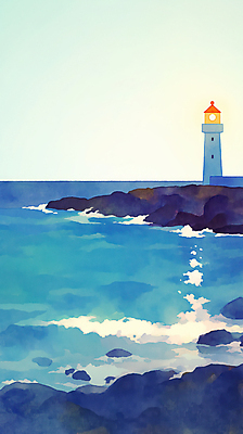 JPG 바다 일러스트 하늘 등대 사람없음 파란색 고요 바위 국내일러스트 AI일러스트 AI콘텐츠 컬러 돌_바위 파일형식