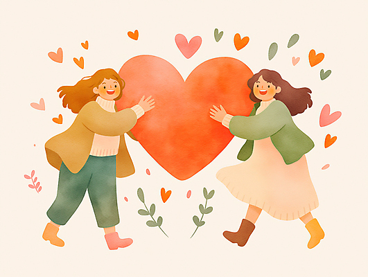 JPG 전신 여자 분홍색 잎 일러스트 수채화 사랑 미소 성인 두명 하트 잡기 성인여자만 국내일러스트 AI일러스트 AI콘텐츠 모양 식물 감정 컬러 모션 표정 사람 여자만 성인만 파일형식