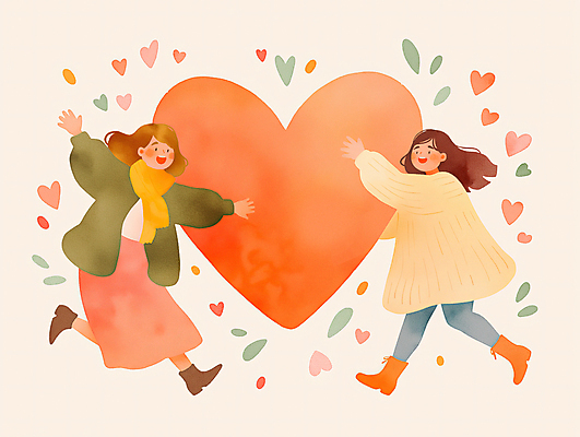 JPG 전신 여자 분홍색 잎 일러스트 팔벌리기 수채화 사랑 미소 성인 두명 달리기 하트 잡기 성인여자만 국내일러스트 AI일러스트 AI콘텐츠 모양 식물 감정 컬러 모션 표정 사람 여자만 성인만 파일형식