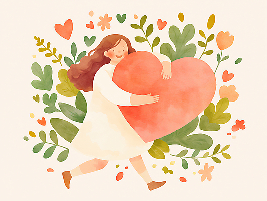 JPG 전신 여자 꽃 분홍색 잎 일러스트 안기 수채화 사랑 한명 미소 성인 하트 성인여자한명만 국내일러스트 AI일러스트 AI콘텐츠 모양 식물 1 감정 컬러 모션 표정 사람 여자한명만 성인여자만 파일형식