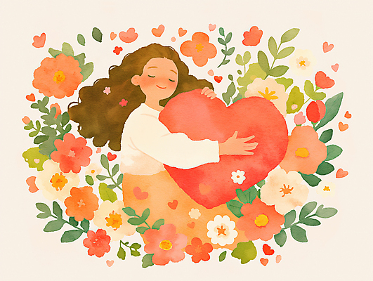 JPG 여자 꽃 분홍색 잎 일러스트 안기 수채화 사랑 한명 미소 성인 눈감음 하트 성인여자한명만 국내일러스트 AI일러스트 AI콘텐츠 모양 식물 1 감정 컬러 모션 표정 사람 여자한명만 성인여자만 파일형식