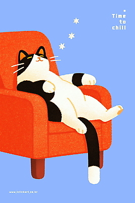 PSD 여유 하늘색 일러스트 휴식 미소 앉기 사람없음 빨간색 소파 고양이 힐링 국내일러스트 감정 컬러 컨셉 의자 포유류 모션 표정 파란색 반려동물 파일형식