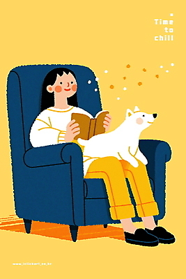 전신 PSD 여자 여유 일러스트 휴식 한명 미소 들기 앉기 성인 책 소파 독서 노란색 강아지 힐링 성인여자한명만 국내일러스트 1 감정 컬러 컨셉 의자 모션 표정 사람 반려동물 개 여자한명만 성인여자만 파일형식